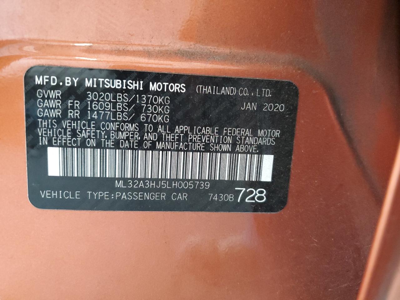 2020 Mitsubishi Mirage Es VIN: ML32A3HJ5LH005739 Lot: 64306235