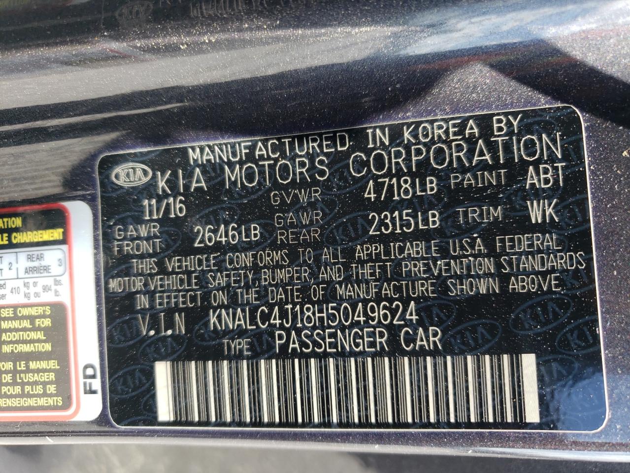 2017 Kia Cadenza Premium VIN: KNALC4J18H5049624 Lot: 62180255