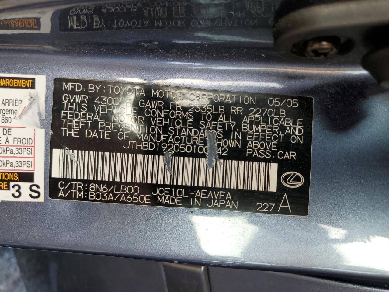 2005 Lexus Is 300 VIN: JTHBD192050100242 Lot: 64518475