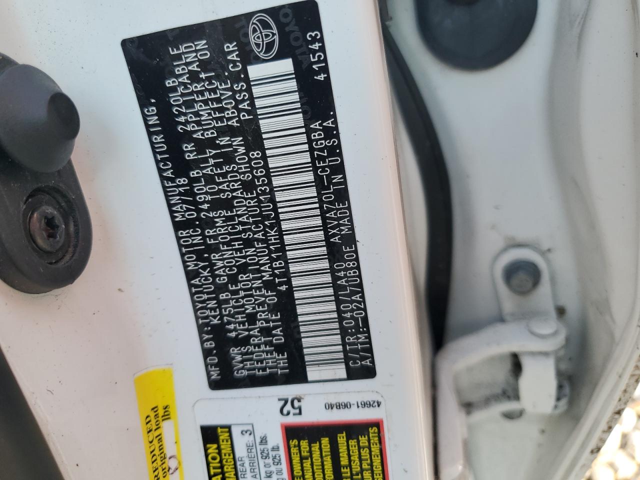 2018 Toyota Camry L VIN: 4T1B11HK1JU135608 Lot: 64923235