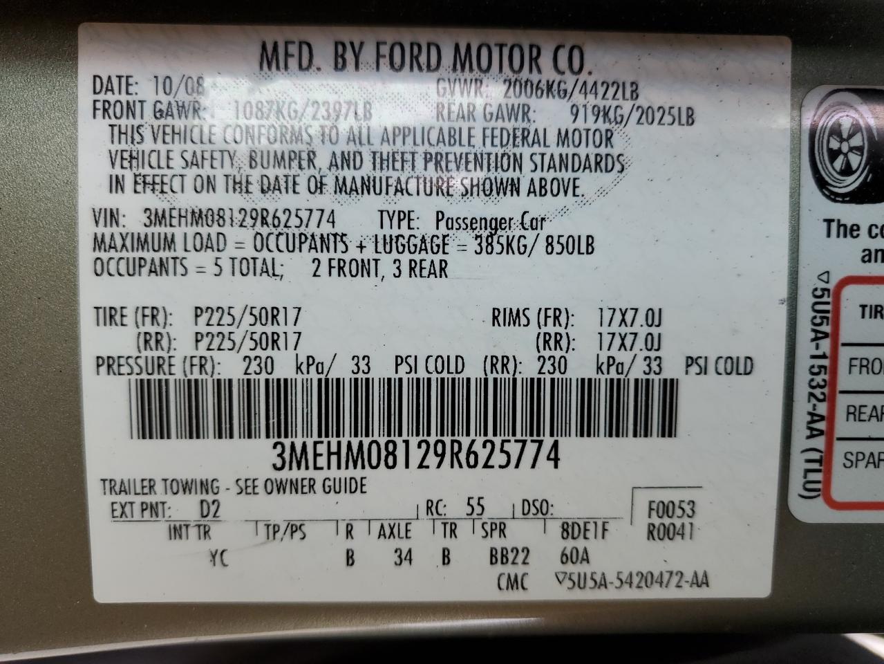 2009 Mercury Milan Premier VIN: 3MEHM08129R625774 Lot: 65781795