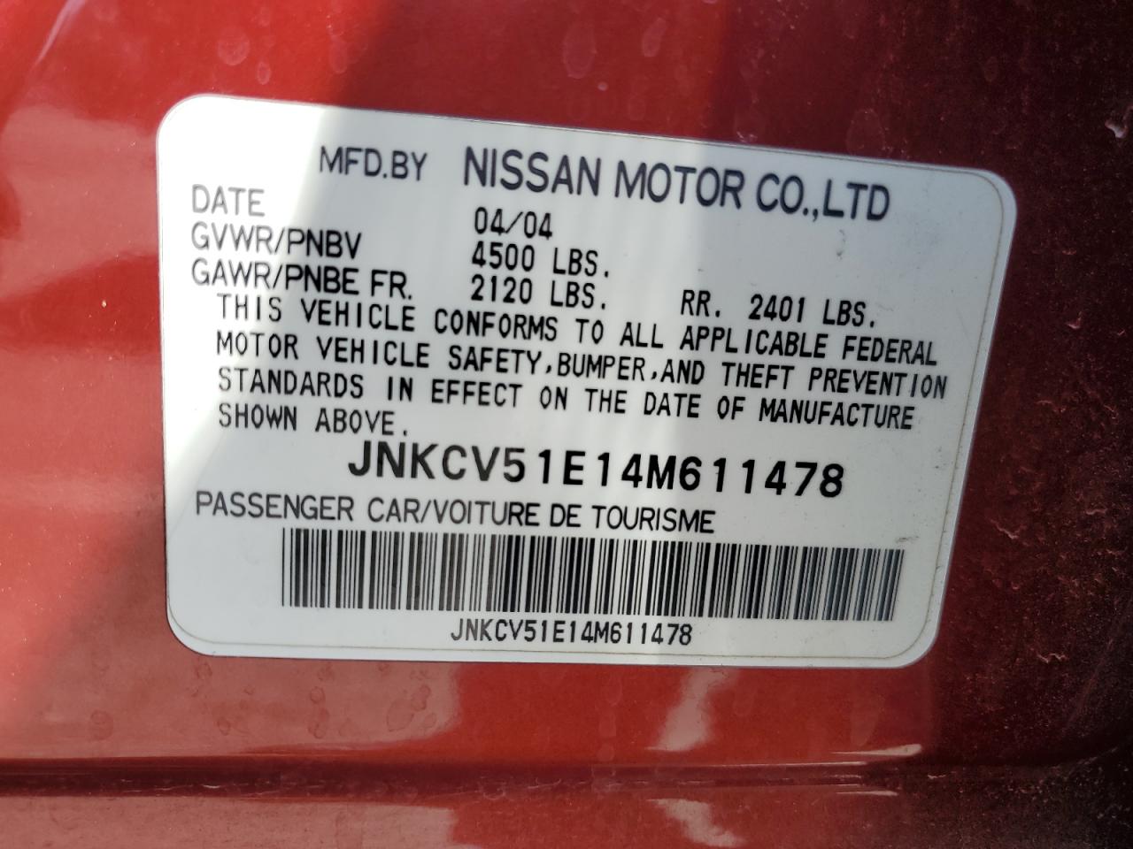 2004 Infiniti G35 VIN: JNKCV51E14M611478 Lot: 64689395