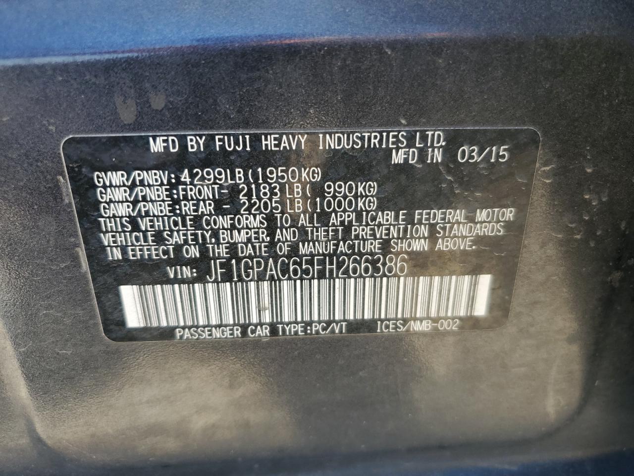 2015 Subaru Impreza Premium VIN: JF1GPAC65FH266386 Lot: 63226905