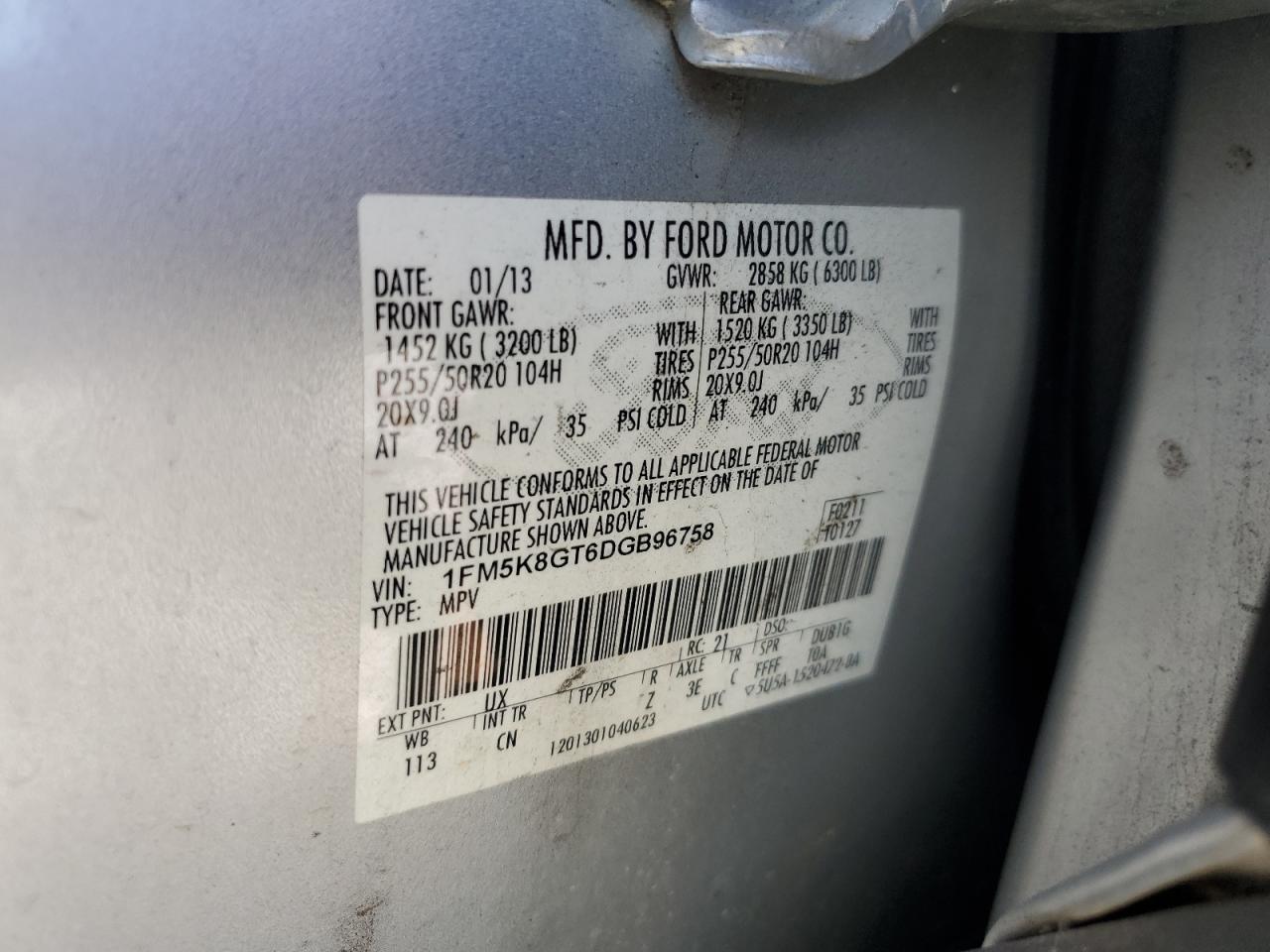 2013 Ford Explorer Sport VIN: 1FM5K8GT6DGB96758 Lot: 64224955