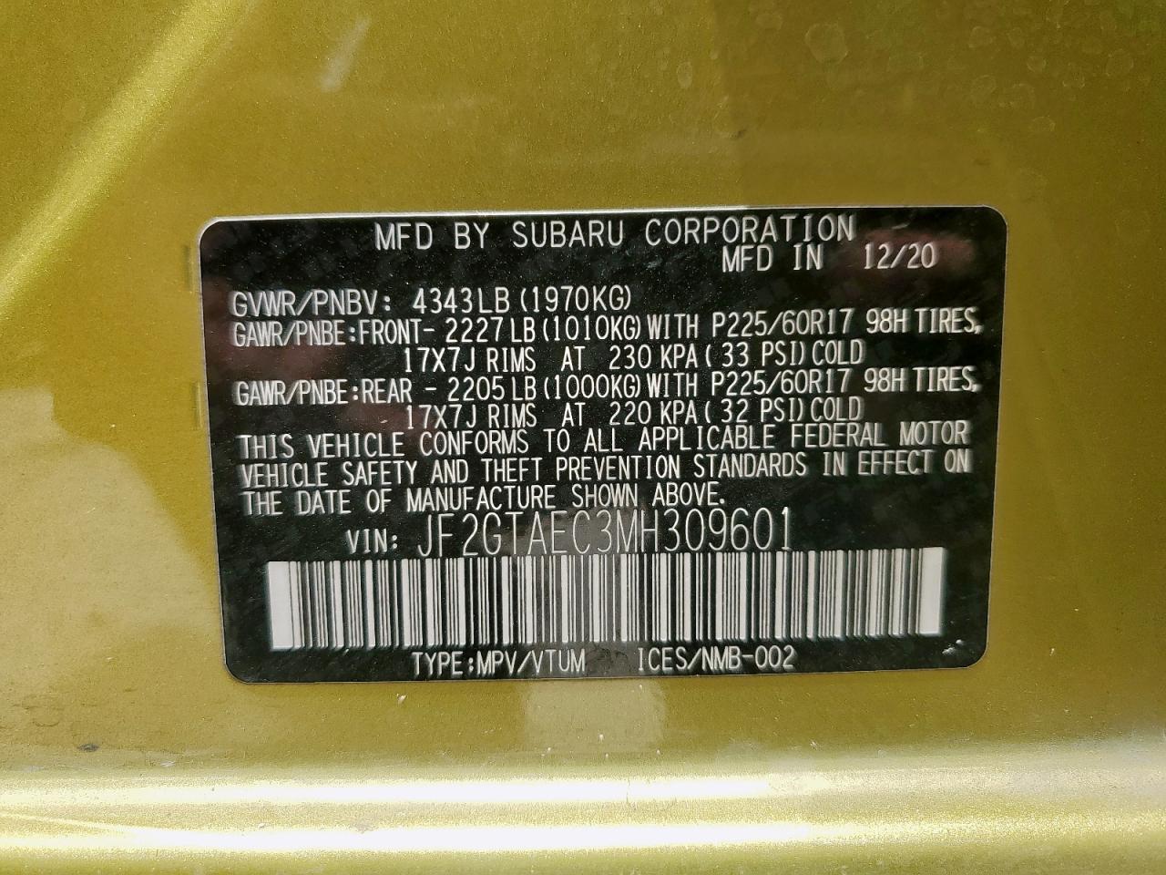 2021 Subaru Crosstrek Premium VIN: JF2GTAEC3MH309601 Lot: 63291495