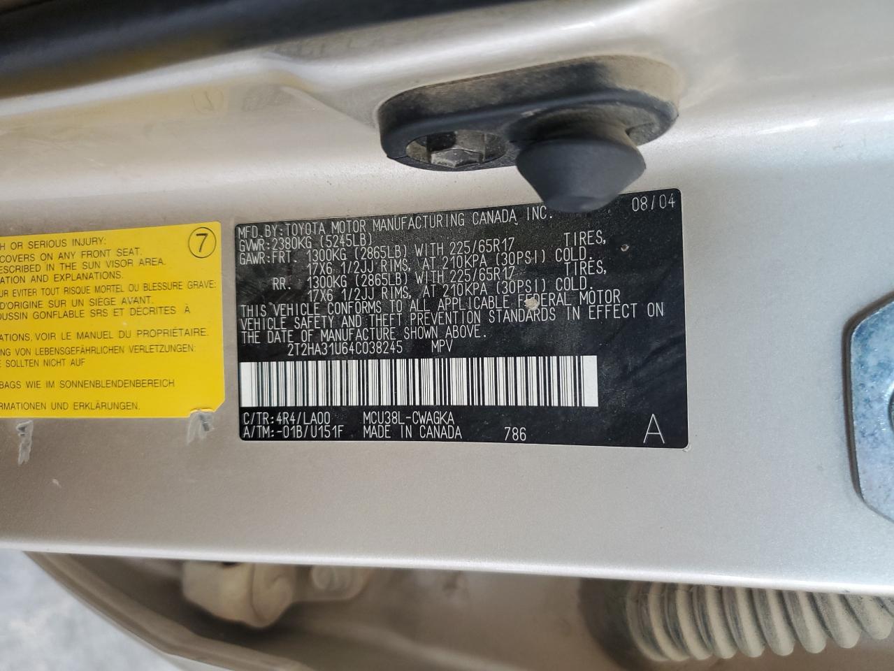 2004 Lexus Rx 330 VIN: 2T2HA31U64C038245 Lot: 64103405
