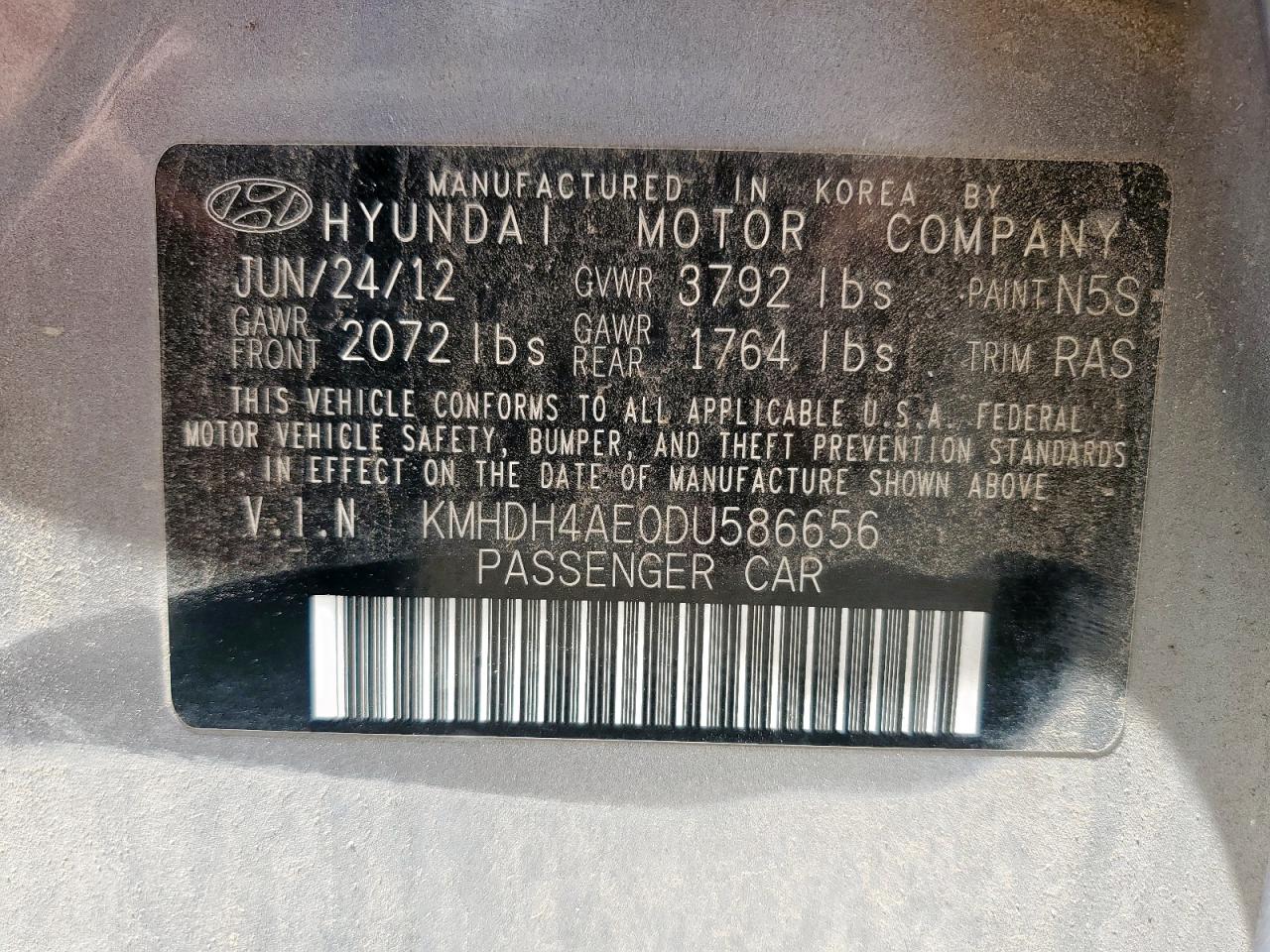 2013 Hyundai Elantra Gls VIN: KMHDH4AE0DU586656 Lot: 64589195