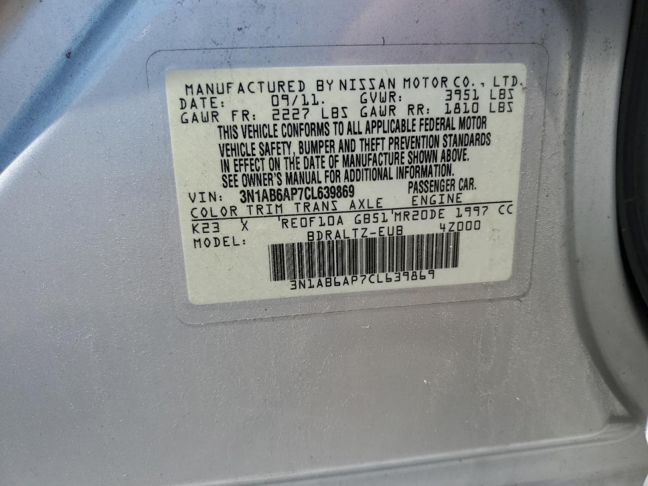 2012 Nissan Sentra 2.0 VIN: 3N1AB6AP7CL639869 Lot: 63124095