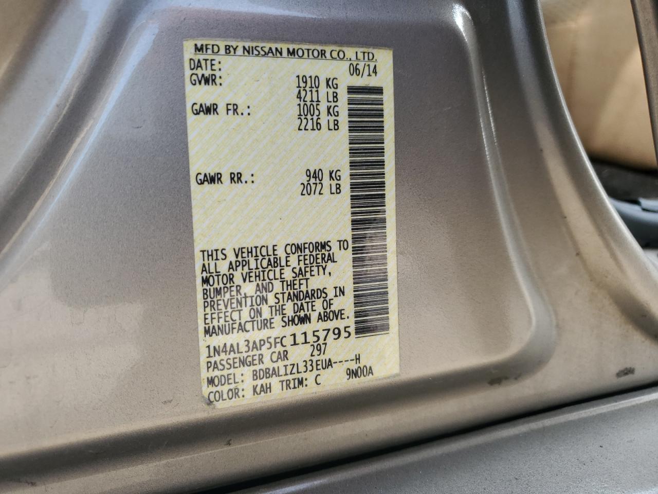 2015 Nissan Altima 2.5 VIN: 1N4AL3AP5FC115795 Lot: 64991495