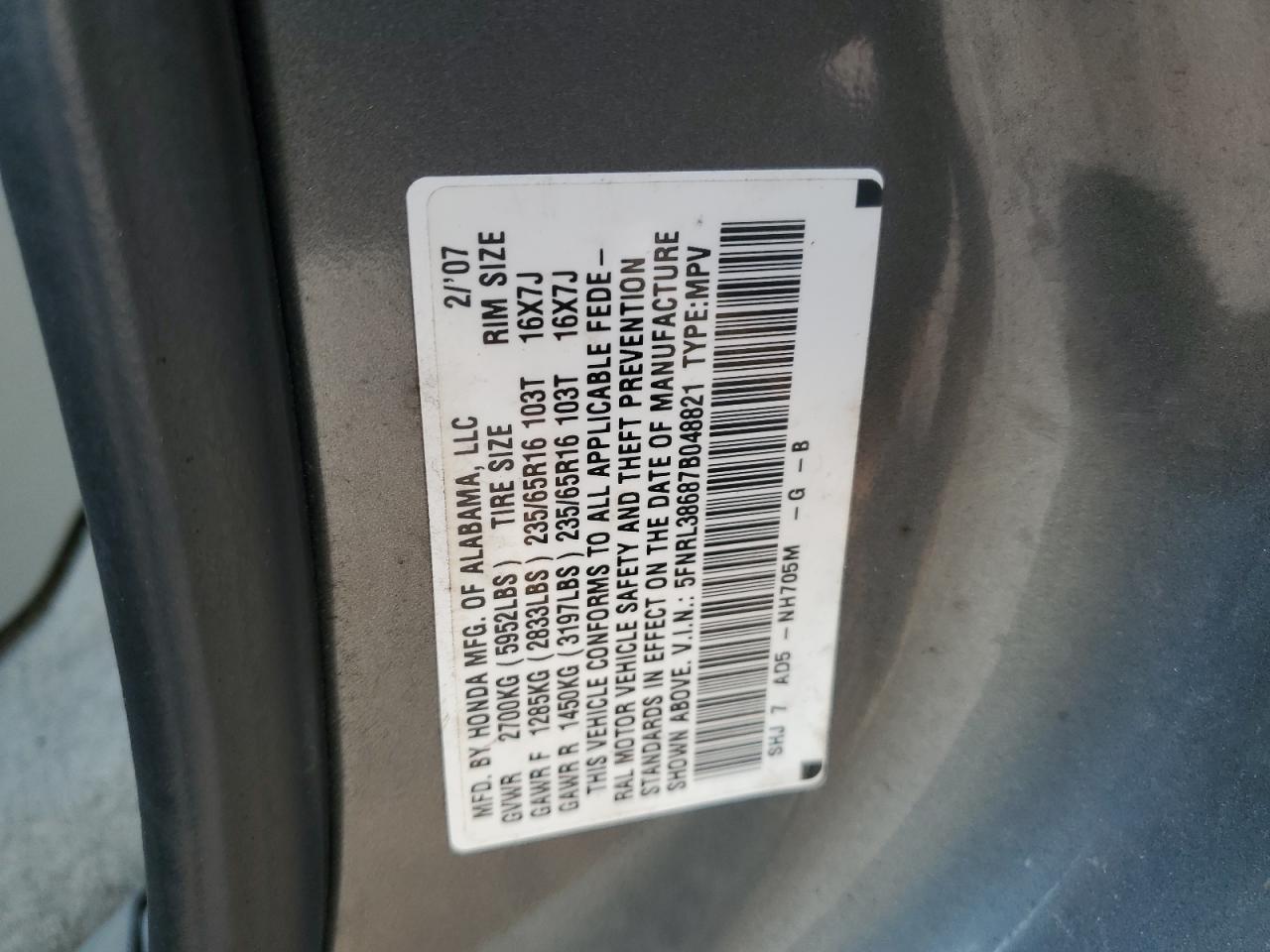 2007 Honda Odyssey Exl VIN: 5FNRL38687B048821 Lot: 64313775