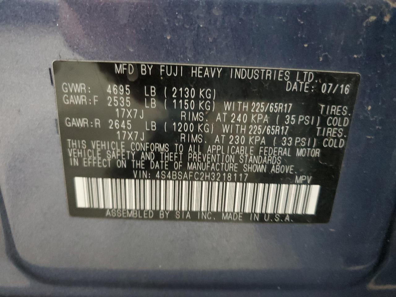 2017 Subaru Outback 2.5I Premium VIN: 4S4BSAFC2H3218117 Lot: 63044955