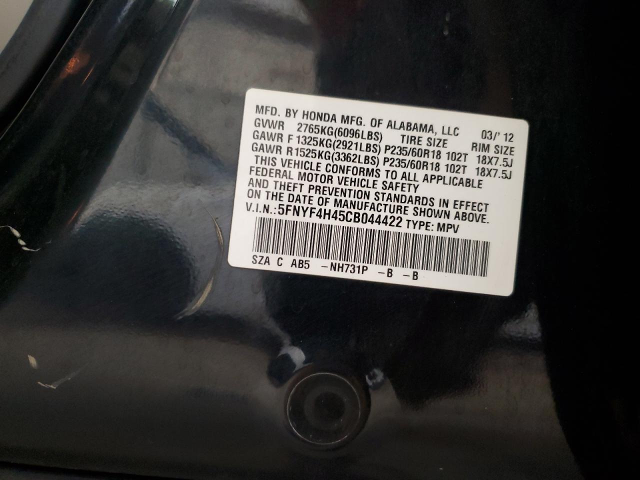 2012 Honda Pilot Ex VIN: 5FNYF4H45CB044422 Lot: 65318205