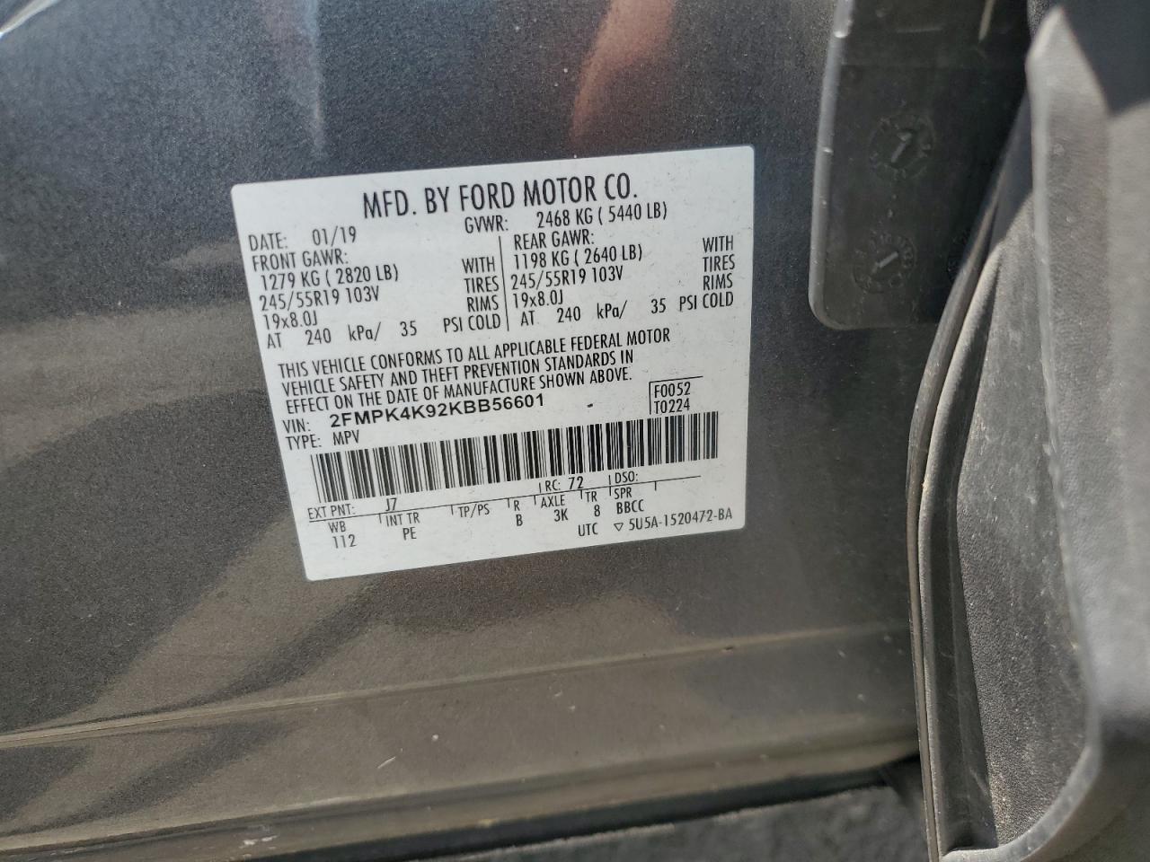 2019 Ford Edge Titanium VIN: 2FMPK4K92KBB56601 Lot: 63678365