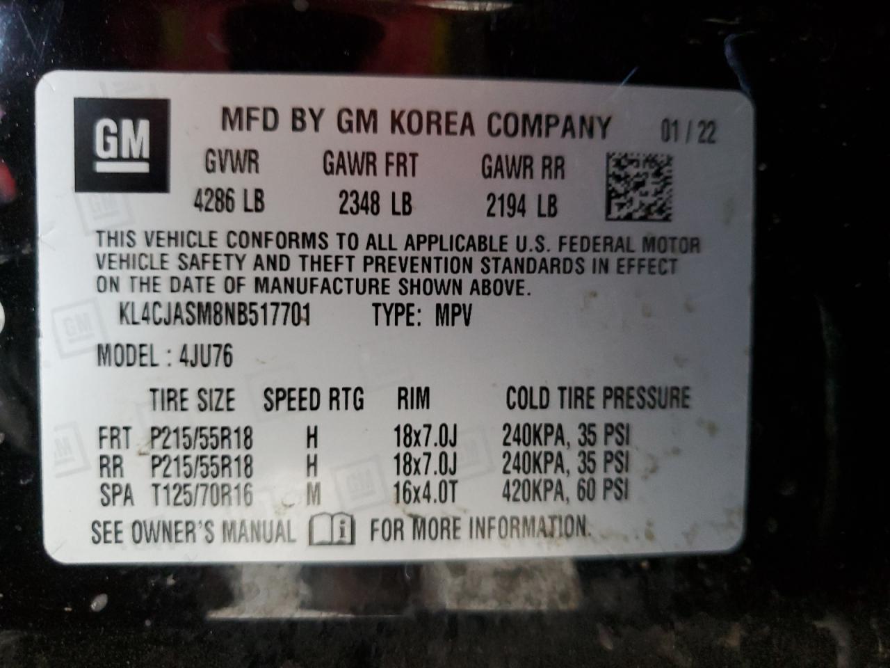 2022 Buick Encore Preferred VIN: KL4CJASM8NB517701 Lot: 64852115