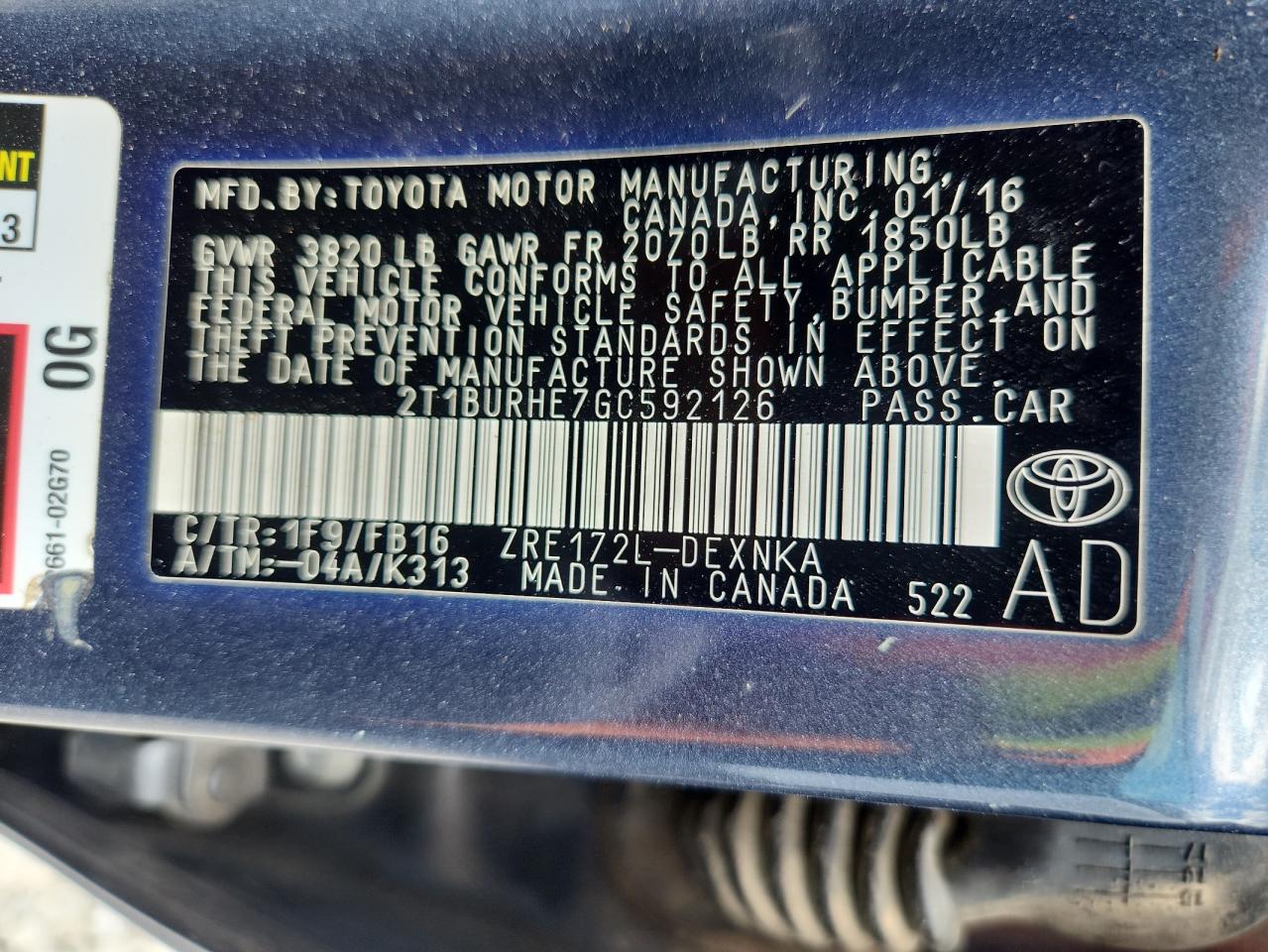 2016 Toyota Corolla L VIN: 2T1BURHE7GC592126 Lot: 64521865