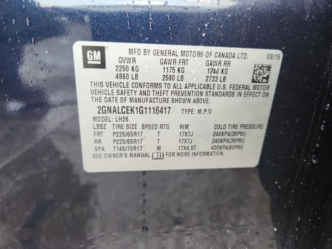 2016 Chevrolet Equinox Lt VIN: 2GNALCEK1G1116417 Lot: 63656475