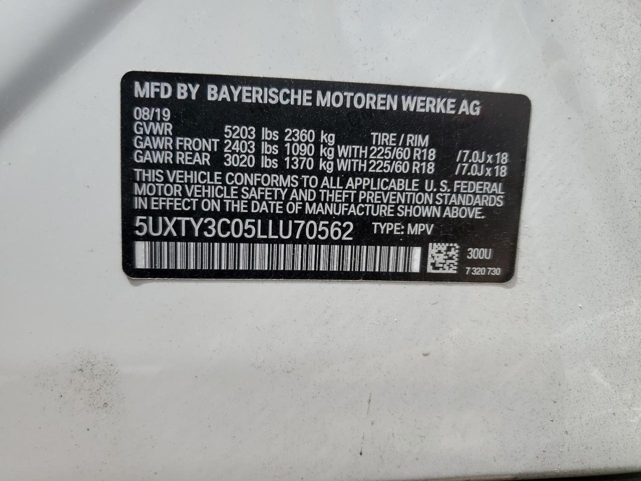 2020 BMW X3 Sdrive30I VIN: 5UXTY3C05LLU70562 Lot: 64442925