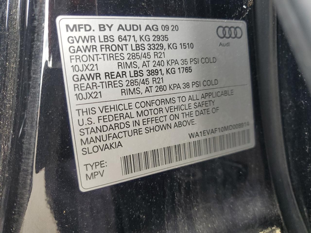 2021 Audi Q8 Premium Plus S-Line VIN: WA1EVAF10MD008914 Lot: 65400325