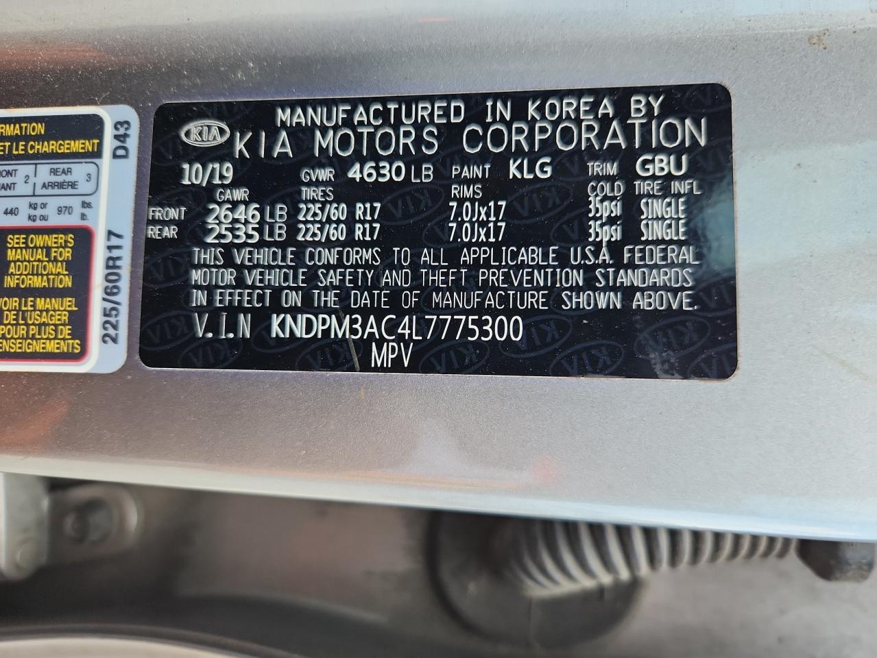 2020 Kia Sportage Lx VIN: KNDPM3AC4L7775300 Lot: 63601175