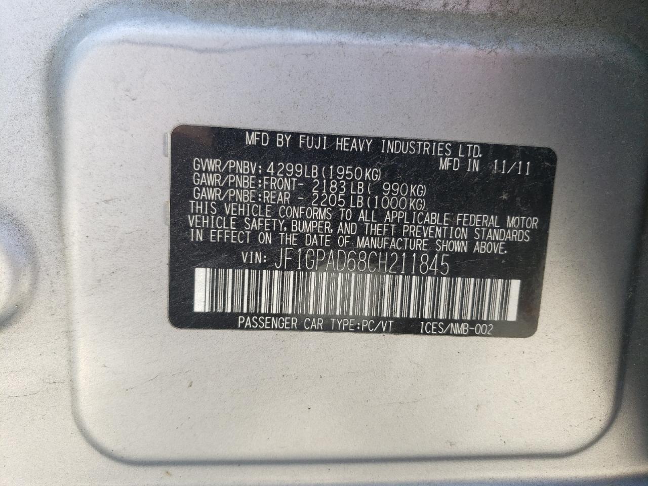 2012 Subaru Impreza Premium VIN: JF1GPAD68CH211845 Lot: 65723895