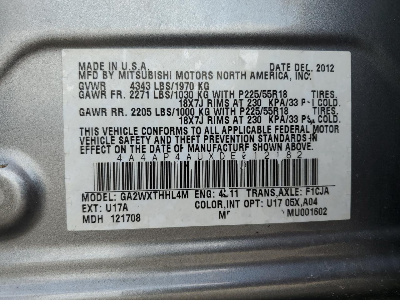 2013 Mitsubishi Outlander Sport Se VIN: 4A4AP4AUXDE012182 Lot: 64802275