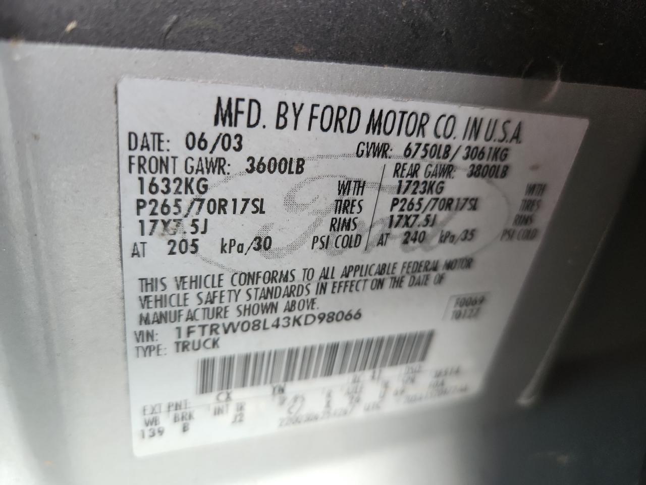 2003 Ford F150 Supercrew VIN: 1FTRW08L43KD98066 Lot: 65434715