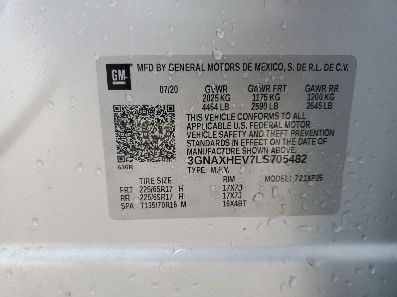 2020 Chevrolet Equinox Ls VIN: 3GNAXHEV7LS705482 Lot: 65401105
