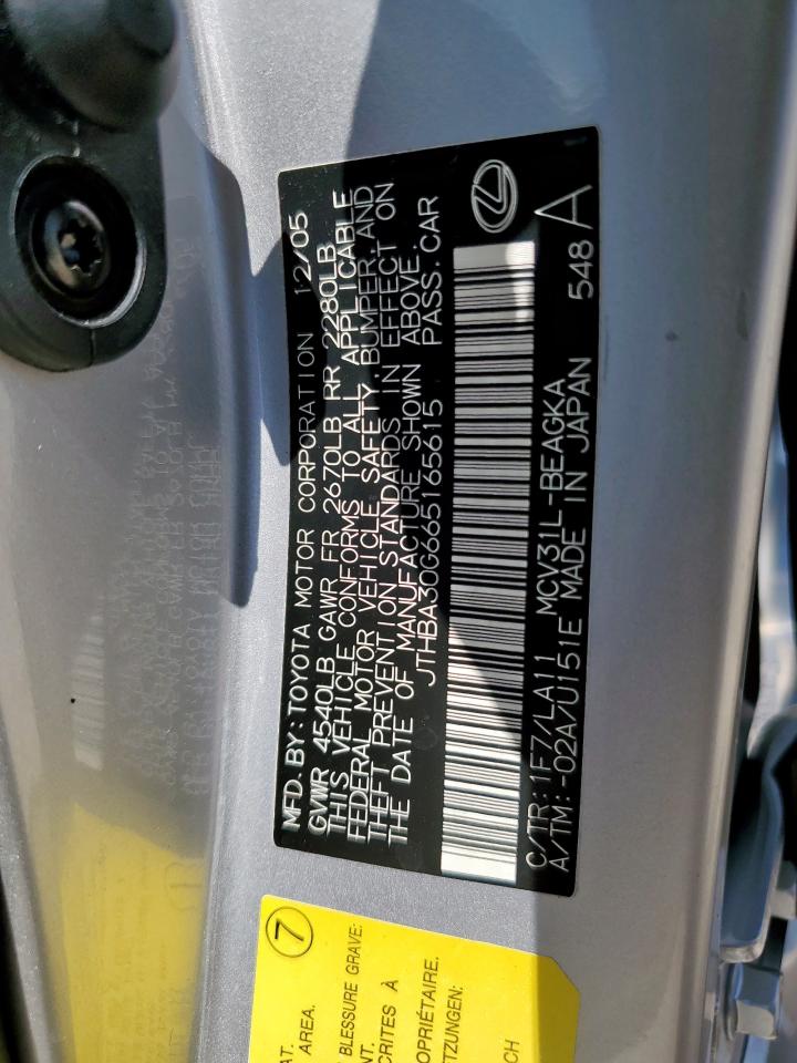 2006 Lexus Es 330 VIN: JTHBA30G665165615 Lot: 66945355