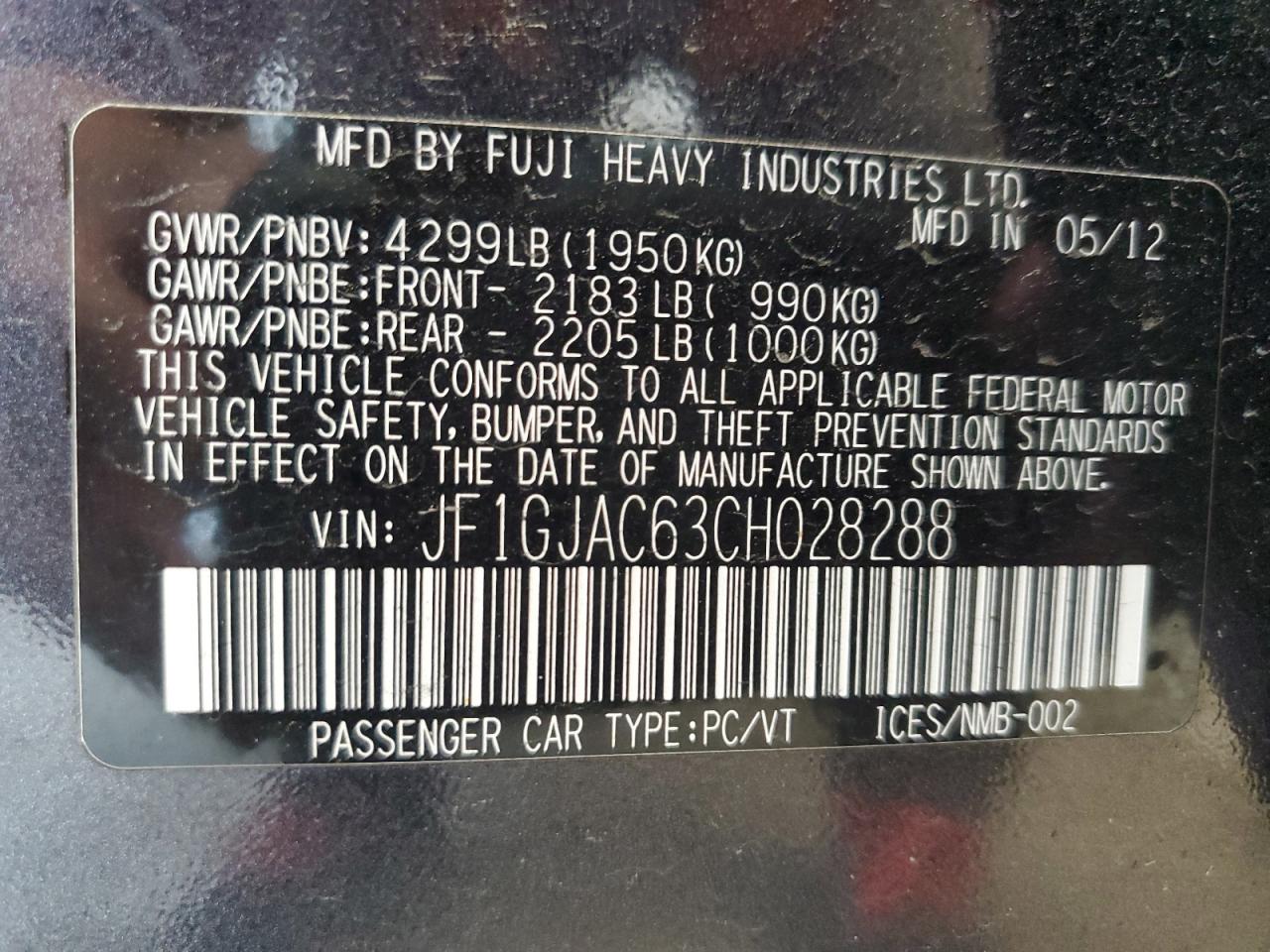 2012 Subaru Impreza Premium VIN: JF1GJAC63CH028288 Lot: 65131135