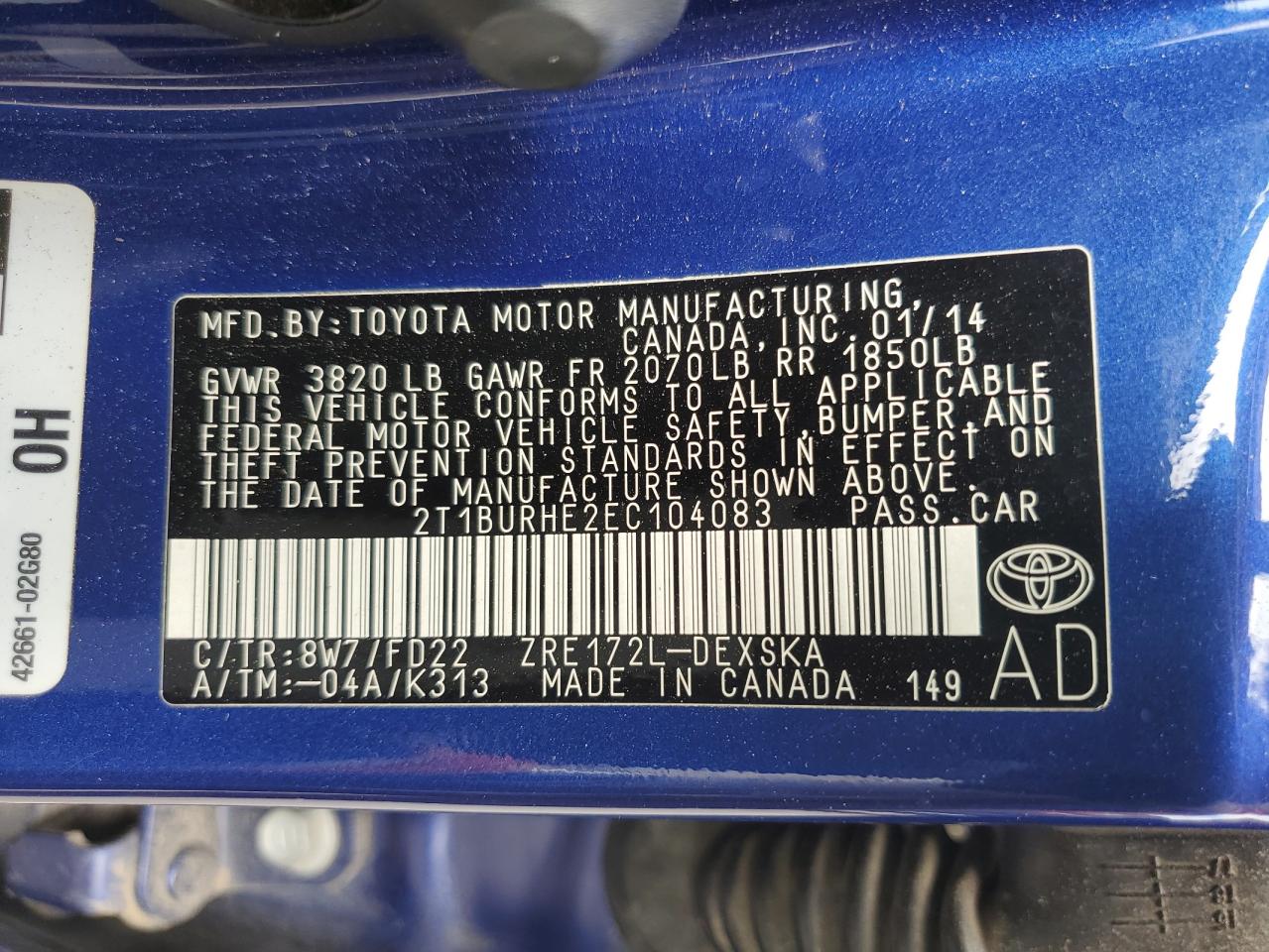 2014 Toyota Corolla L VIN: 2T1BURHE2EC104083 Lot: 64426835
