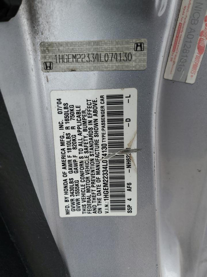 2004 Honda Civic Dx Vp VIN: 1HGEM22334L074130 Lot: 65272245