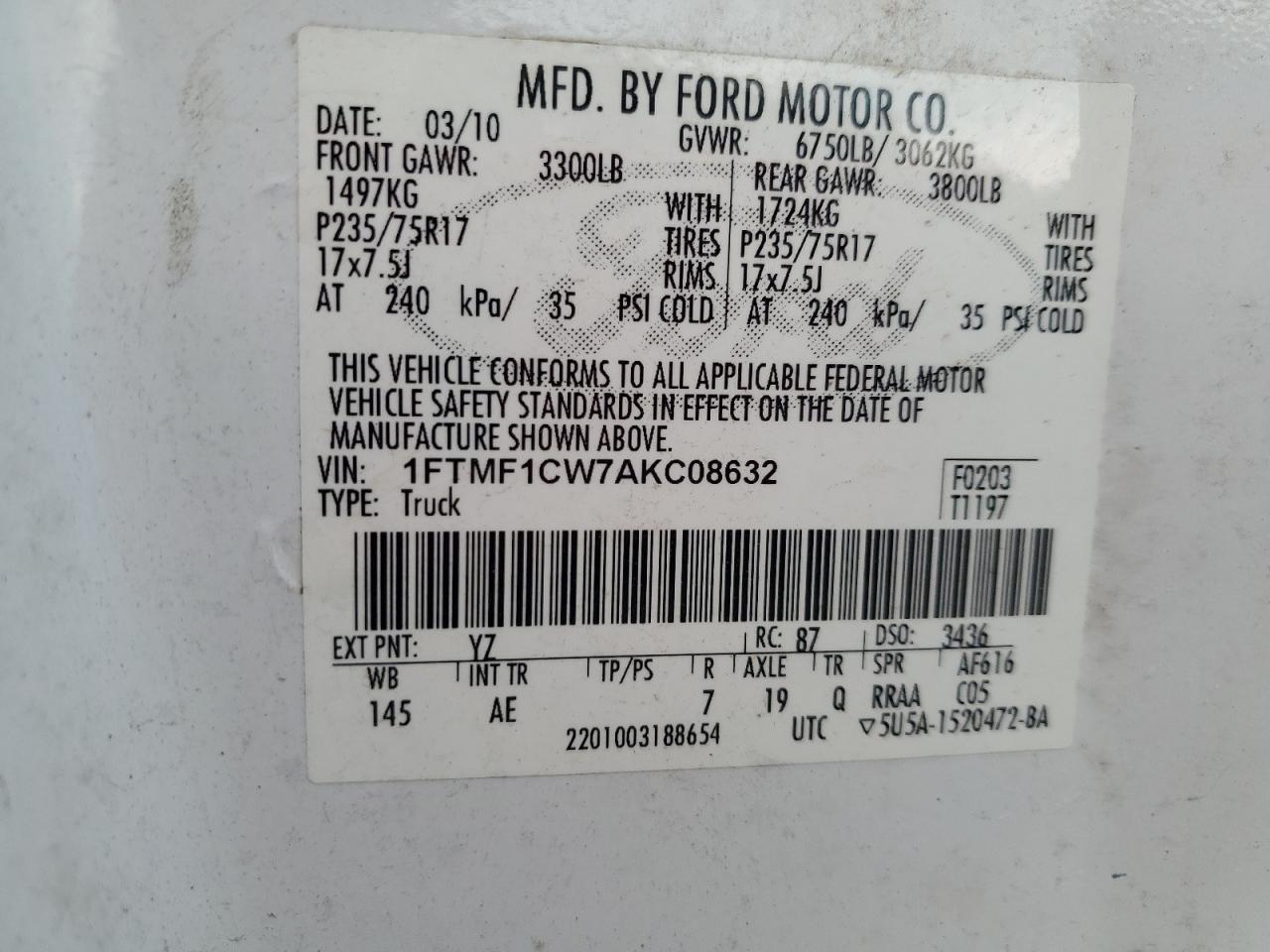 2010 Ford F150 VIN: 1FTMF1CW7AKC08632 Lot: 65226755