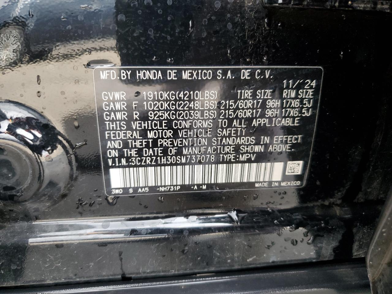 2025 Honda Hr-V Lx VIN: 3CZRZ1H30SM737078 Lot: 64681845