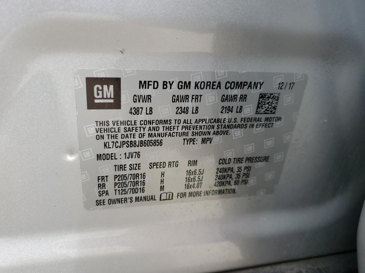 2018 Chevrolet Trax 1Lt VIN: KL7CJPSB8JB605856 Lot: 65380845