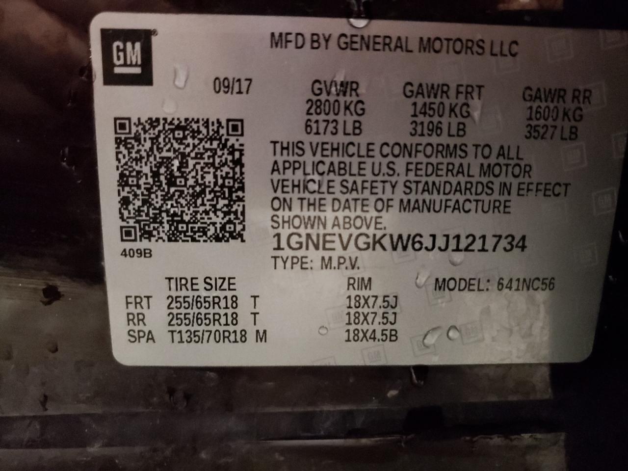 2018 Chevrolet Traverse Lt VIN: 1GNEVGKW6JJ121734 Lot: 65164765