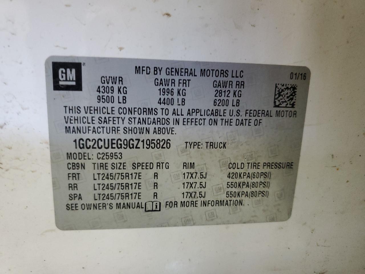 2016 Chevrolet Silverado C2500 Heavy Duty VIN: 1GC2CUEG9GZ195826 Lot: 65364905