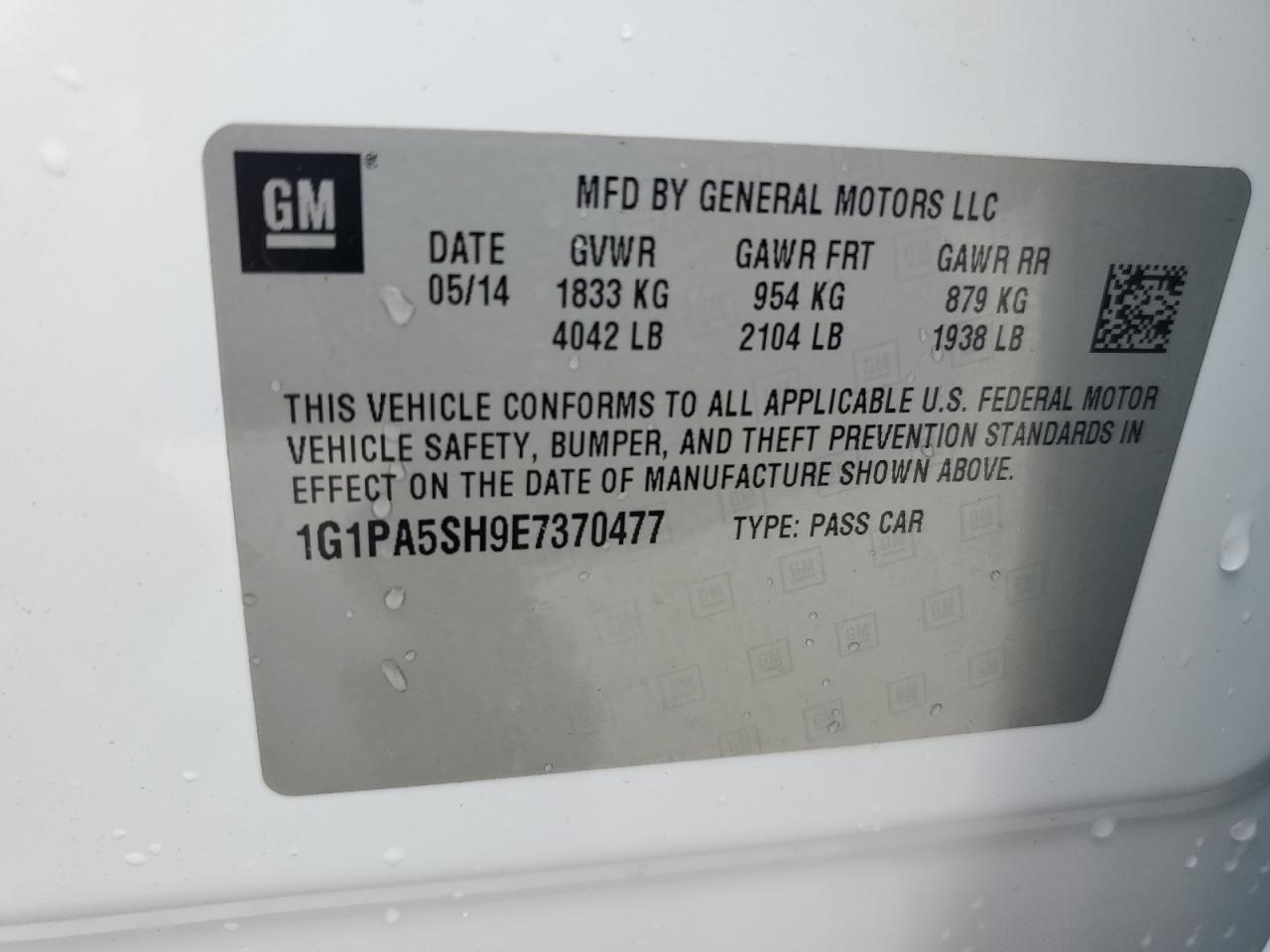 1g1pa5sh9e7370477 1G1PA5SH9E7370477 2014 Chevrolet Cruze Ls
