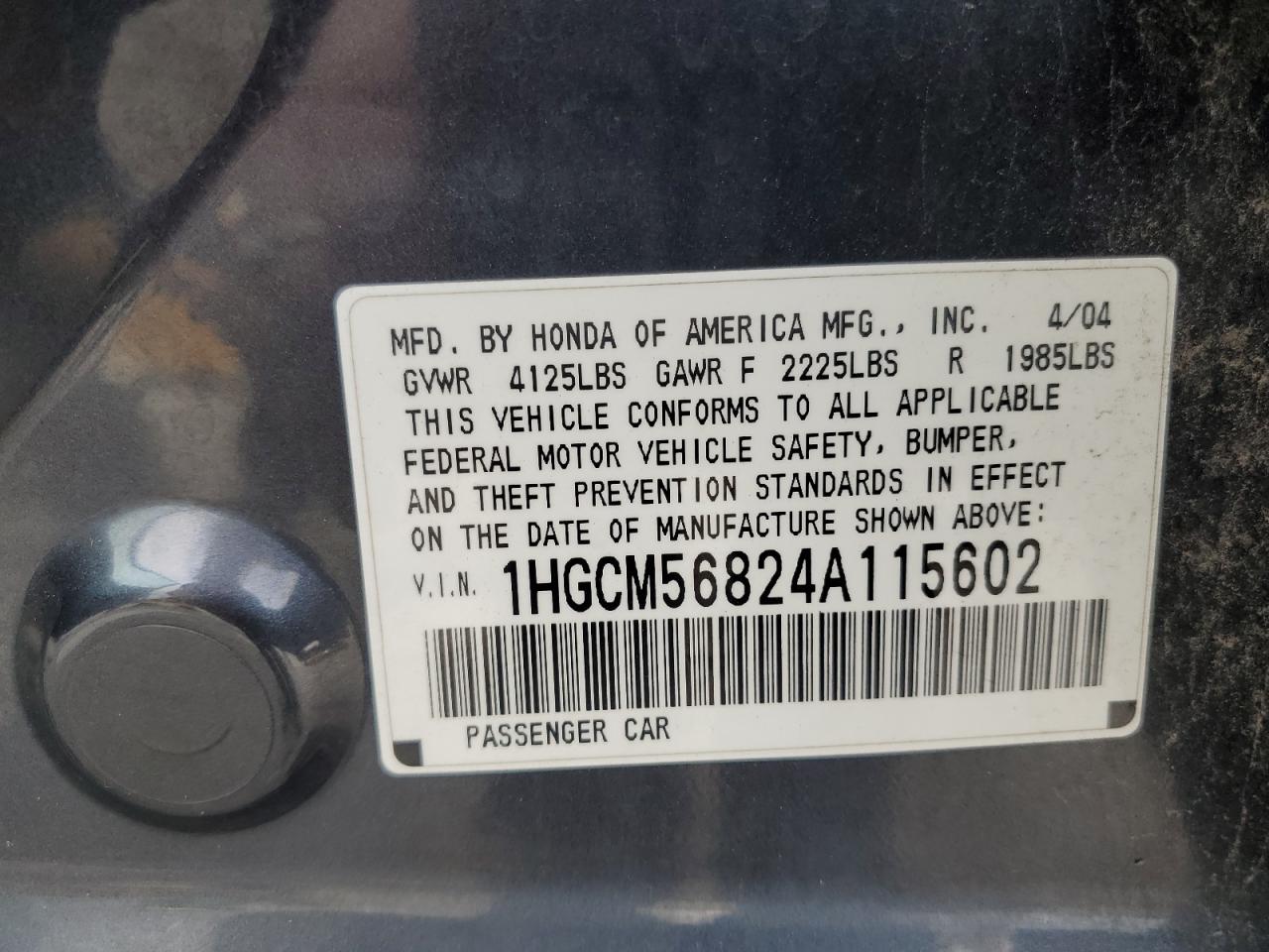 2004 Honda Accord Ex VIN: 1HGCM56824A115602 Lot: 64589985