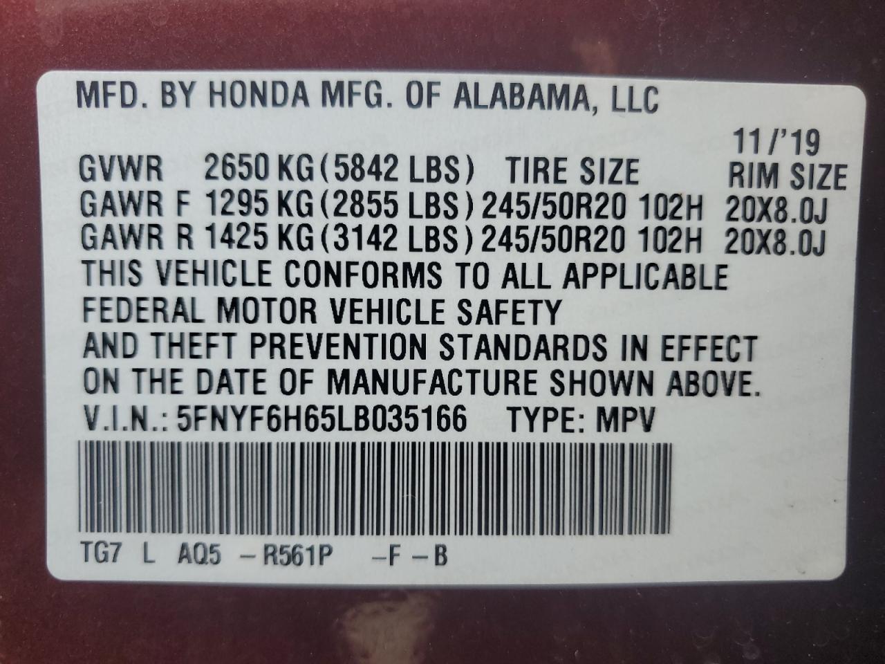 2020 Honda Pilot Touring VIN: 5FNYF6H65LB303516 Lot: 66104175