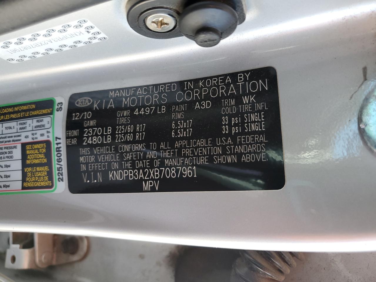 2011 Kia Sportage Lx VIN: KNDPB3A2XB7087961 Lot: 64266405
