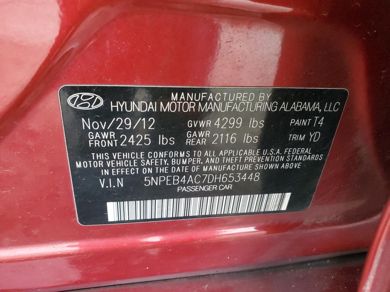 2013 Hyundai Sonata Gls VIN: 5NPEB4AC7DH653448 Lot: 64539875
