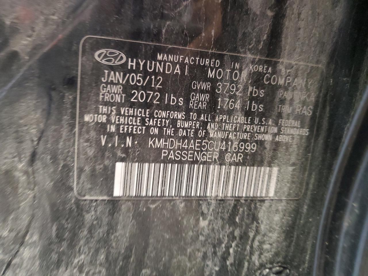 2012 Hyundai Elantra Gls VIN: KMHDH4AE5CU416999 Lot: 64989535