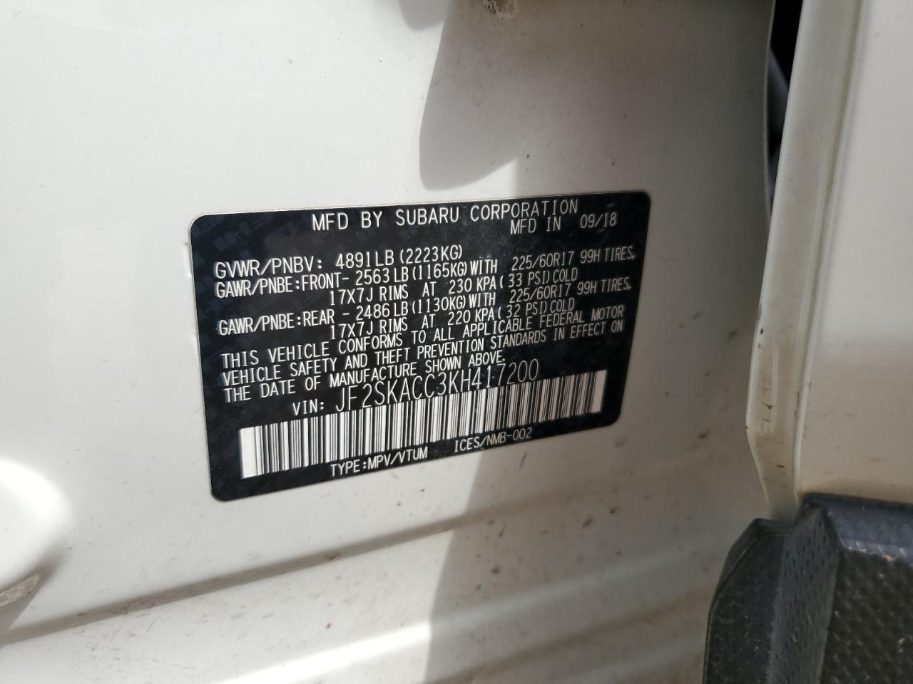 2019 Subaru Forester VIN: JF2SKACC3KH417200 Lot: 66732205