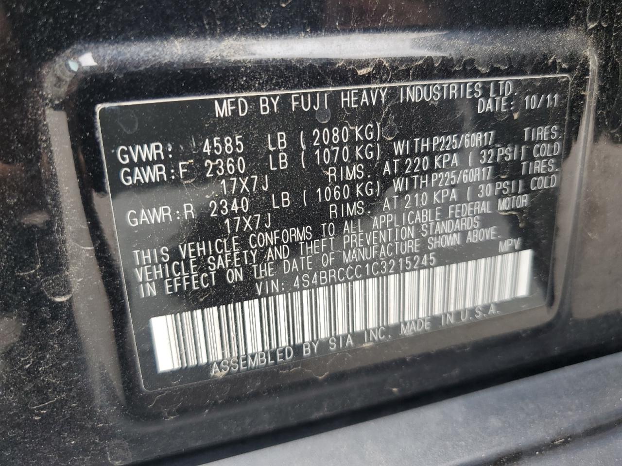 2012 Subaru Outback 2.5I Premium VIN: 4S4BRCCC1C3215245 Lot: 63941475