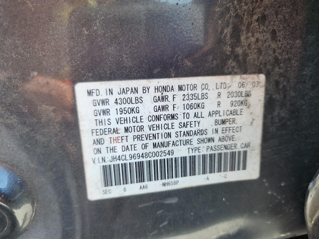 2008 Acura Tsx VIN: JH4CL96948C002549 Lot: 64015885