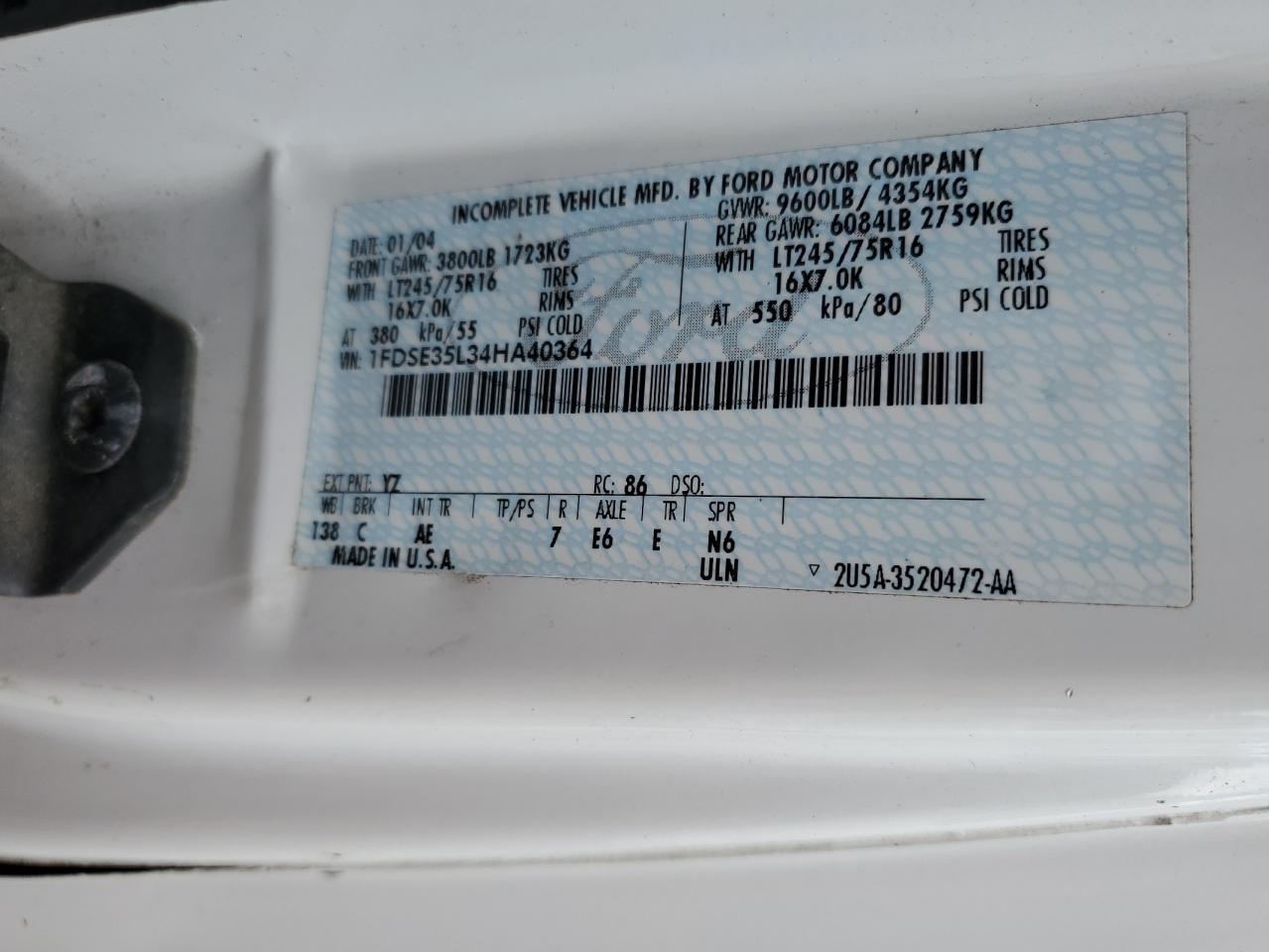2004 Ford Econoline E350 Super Duty Cutaway Van VIN: 1FDSE35L34HA40364 Lot: 63253155