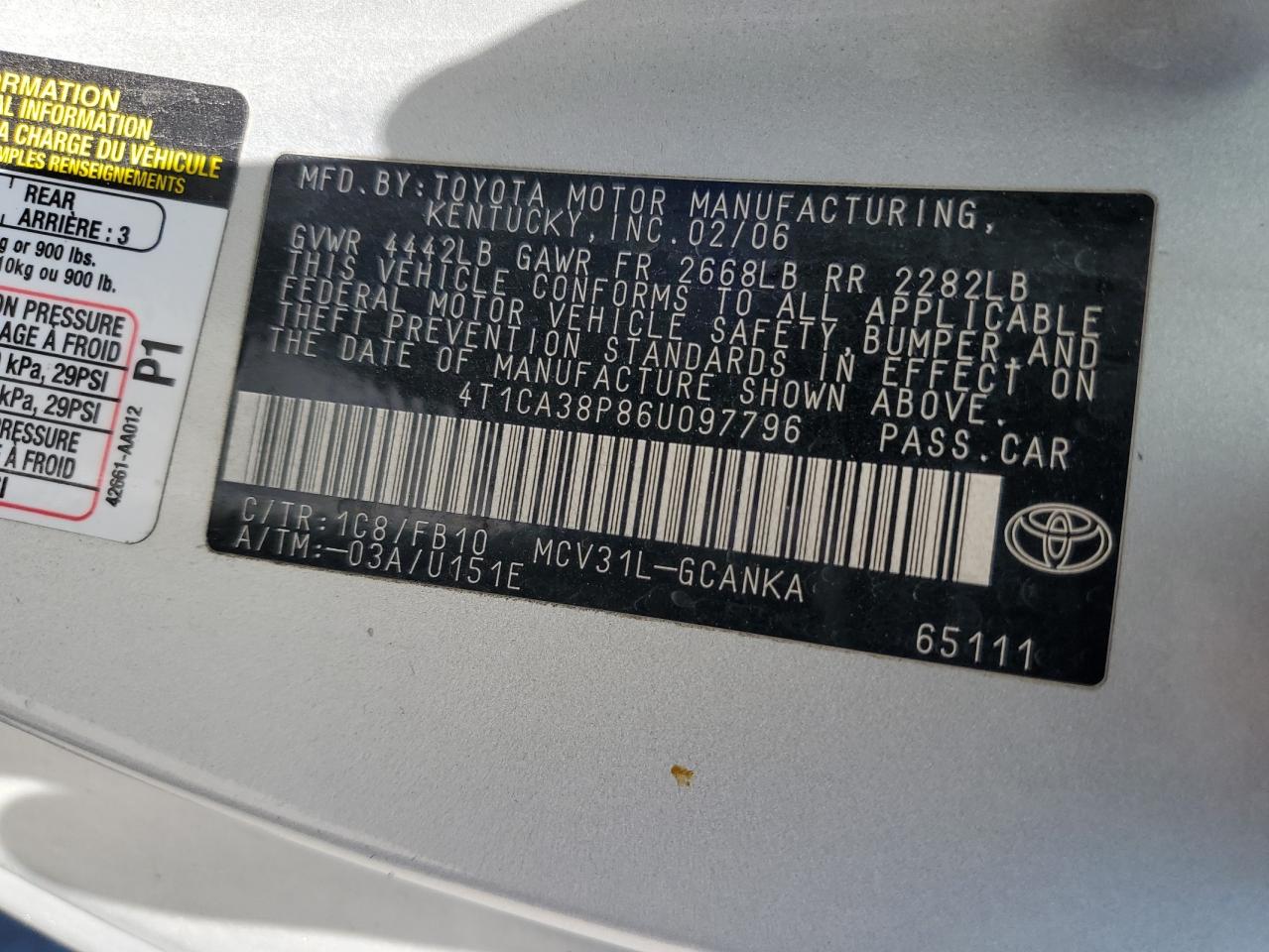 2006 Toyota Camry Solara Se VIN: 4T1CA38P86U097796 Lot: 64523925