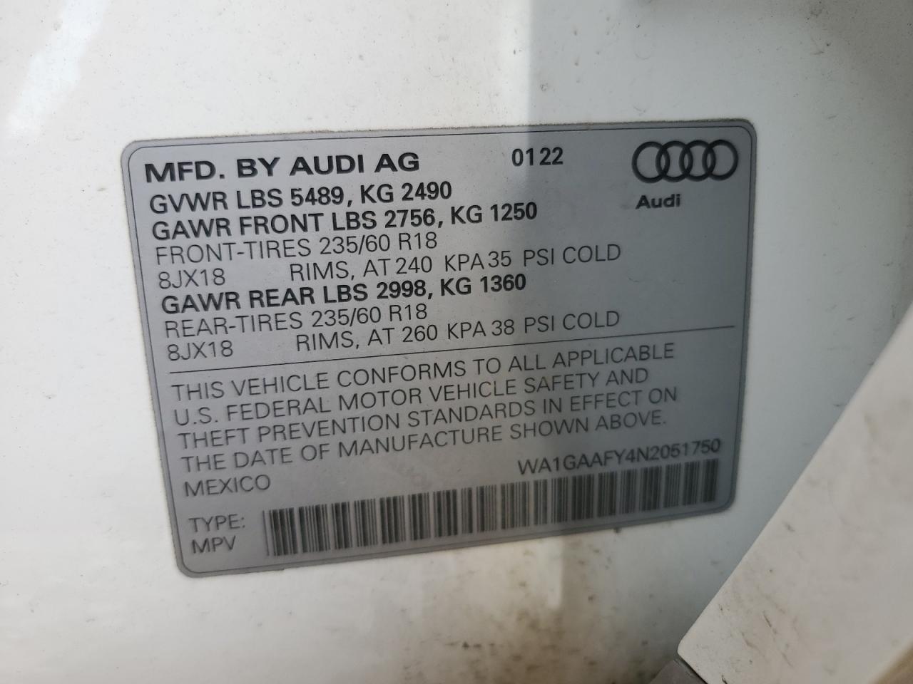 2022 Audi Q5 Premium 45 VIN: WA1GAAFY4N2051750 Lot: 63289045