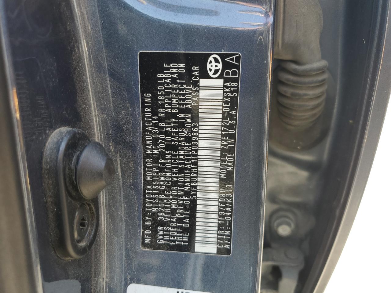 2014 Toyota Corolla L VIN: 5YFBURHE1EP099863 Lot: 63306245
