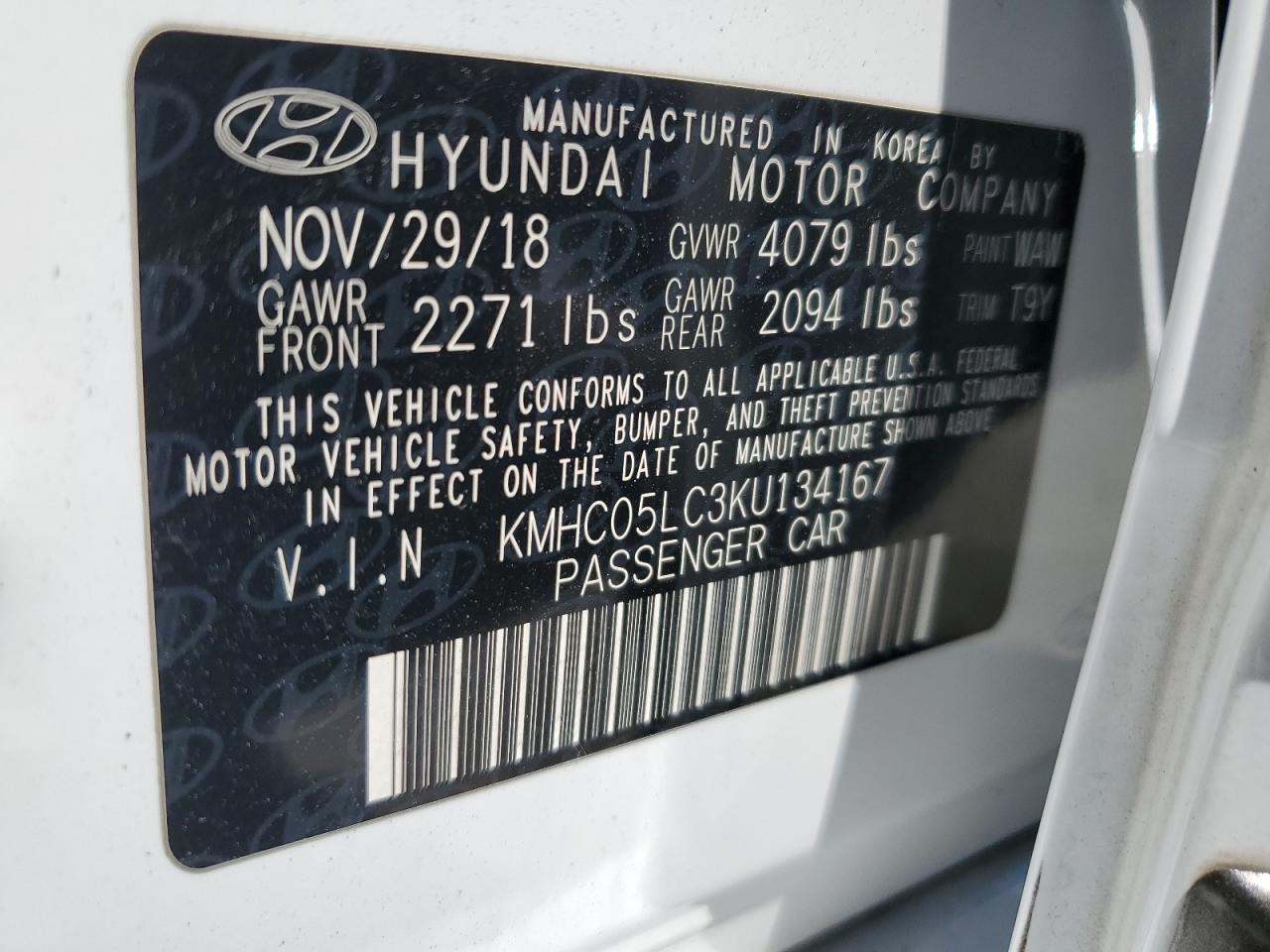 2019 Hyundai Ioniq Limited VIN: KMHC05LC3KU134167 Lot: 63987485